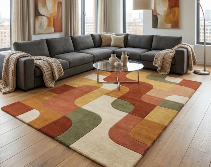 Mid Century Modern Tufted Rug | Abstract Geometric Area Rug | Retro 70s Style Wavy Carpet | Earthy Terracotta, Sage Green & Mustard Wool Rug