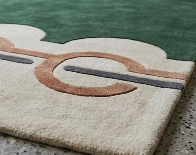 8x10ft Art Deco Scalloped Edge Area Rug | Emerald Green & Cream Geometric Retro Rug | Mid Century Modern Hand Tufted for Living Room 9x12ft.