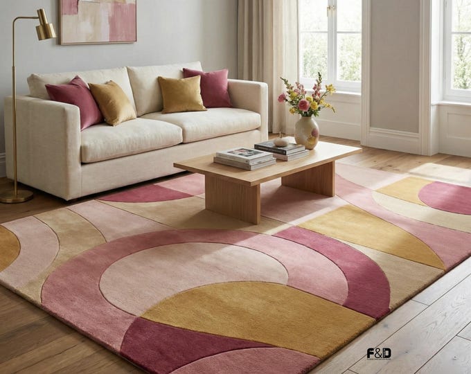 Modern Abstract Hand Tufted Rug | Mid Century Pink & Mustard High-Low Pile Carpet |100% Wool Sculptural Area Rug for Living Room and Bedroom