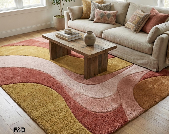 Hand Tufted Wool Rug, Abstract Wavy Area Rug, Retro 70s Style Carpet, Mustard Yellow & Terracotta Pink Rug, Modern Boho Living Room Decor