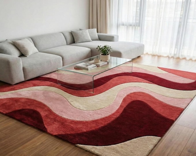 Modern Wavy Abstract Area Rug | Red, Pink & Cream Retro 70s Tufted Carpet | Plush Contemporary Floor and Decor Rugs for Living Room, Bedroom