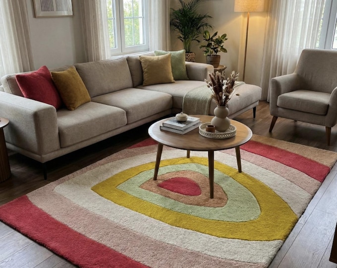 Mid Century Modern Area Rug, Retro Abstract Wool Rug, Geometric Colorful Living Room Carpet, Hand Tufted Contemporary Statement Rug, Custom.