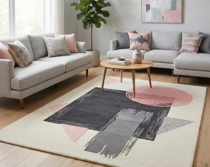 Modern Abstract Area Rug – Pink Grey Geometric Wool Rug – Contemporary Living Room Carpet – Mid Century Art Deco Statement Rug – Floor & Dec