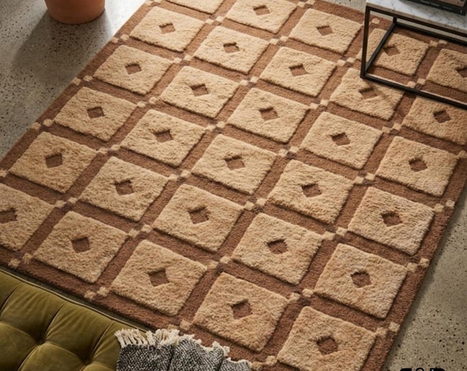 Hand-Tufted Geometric High-Low Pile Area Rug | Beige & Brown Deep Texture Moroccan Style Rug | Custom Size Boho Tufted Wool Rug for Living