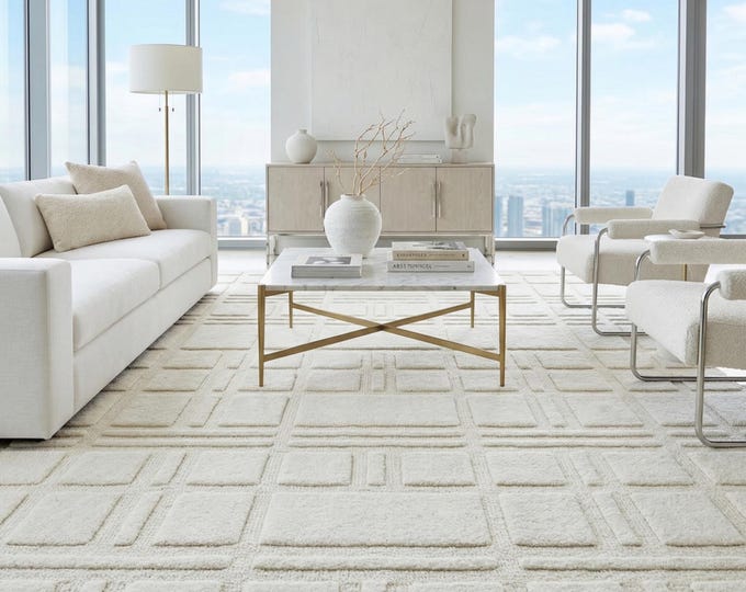9x12ft Modern Cream Textured Area Rug | Geometric High-Low Pile Off-White Carpet | Minimalist Tufted Rug for Living Room, Bedroom Custom Rug