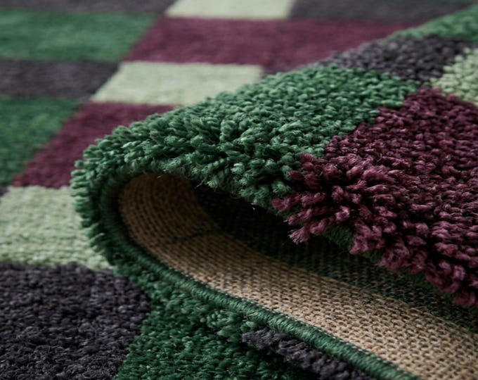 Hand-Tufted Checkered Area Rug | Dark Green & Plum Geometric Grid Carpet | Deep Texture Artisanal Wool Rug | Custom Sizes Living Room Decor