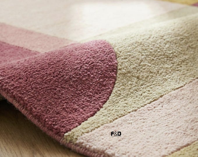 Modern Abstract Hand Tufted Rug | Mid Century Pink & Mustard High-Low Pile Carpet |100% Wool Sculptural Area Rug for Living Room and Bedroom