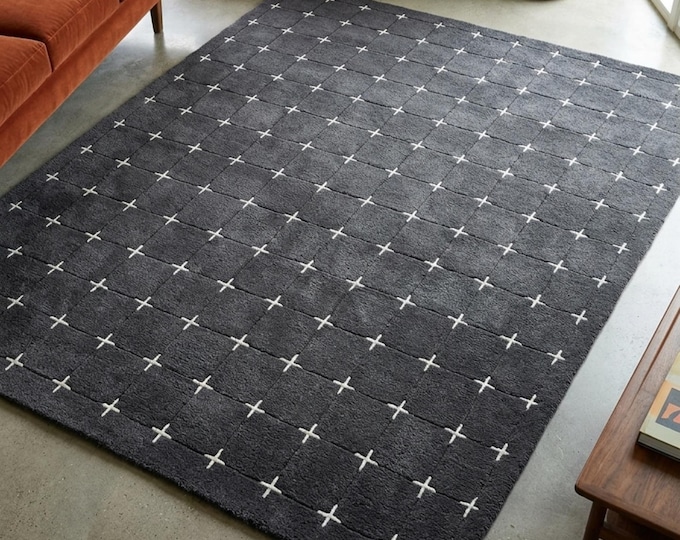 Charcoal Grey Geometric Area Rug | 8x10ft Plus Sign Minimalist Scandinavian Carpet | Hand Tufted Wool Rug for Living Room | Custom Size Rug