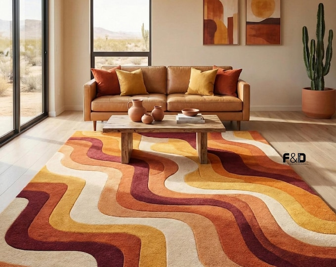 70s Retro Wavy Area Rug | Burnt Orange, Mustard & Cream Abstract Tufted Rug | Mid Century Modern Living Room Decor | Groovy Boho Statement