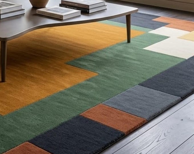 Modern Geometric Area Rug, Mid Century Color Block Carpet, Abstract Bauhaus Large Living Room Rug, Custom Size Wool Floor Decor Rug