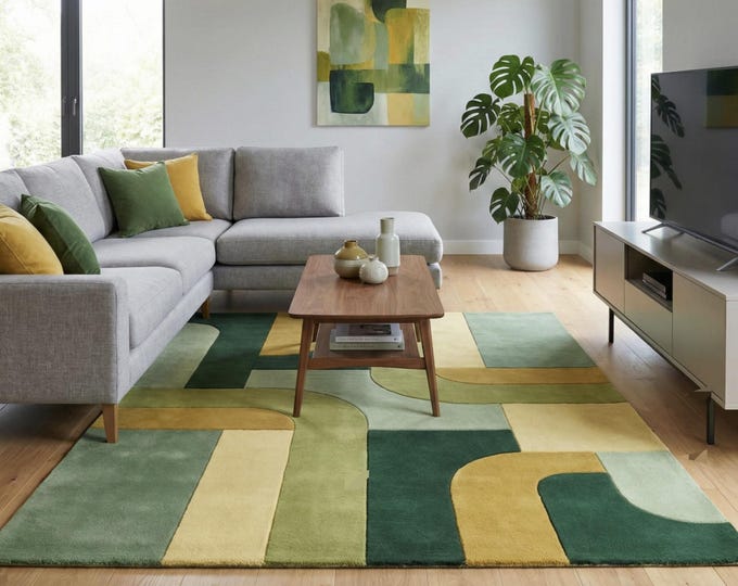 Green & Yellow Geometric Area Rug - Mid Century Modern Abstract Living Room Rug - Large Wool Blend Floor Mat For Bedroom Rugs and Custom Rug