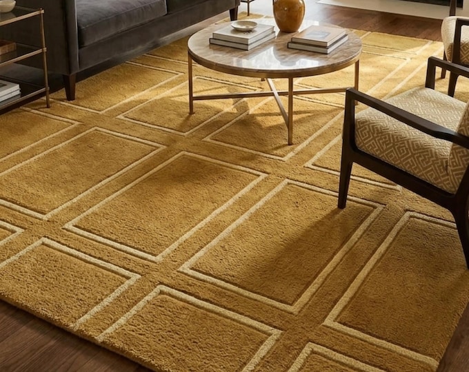 Mustard Yellow Geometric Grid Rug | 10x12ft Textured Hand-Tufted Area Rug | Modern Minimalist Mid-Century Modern for Living Room rug 12x15ft