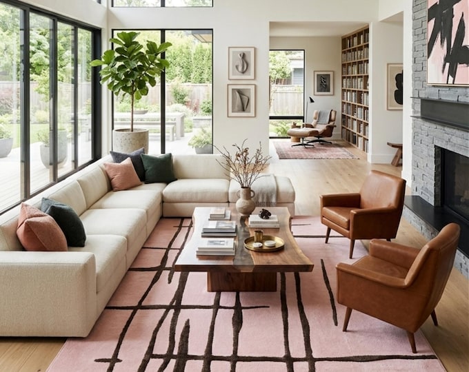 Blush Pink Abstract Line Art Area Rug, 8X10ft Modern Minimalist Geometric Carpet for Living Room, Bedroom, Contemporary Black & Pink Rug