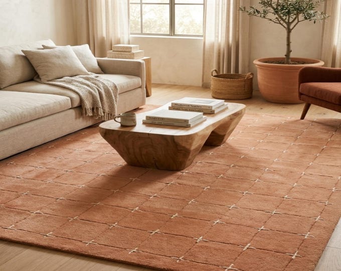 9x12 Terracotta Moroccan Rug | Deep Texture Grid Area Rug | Plush Boho Geometric Carpet | Burnt Orange Artisanal Custom Rug for Living Room