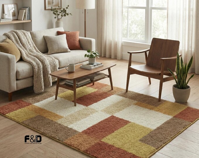 Modern Geometric Area Rug | Beige Mustard Rust Color Block Rug | Soft Shaggy Living Room Carpet | Mid Century Style Floor Rug