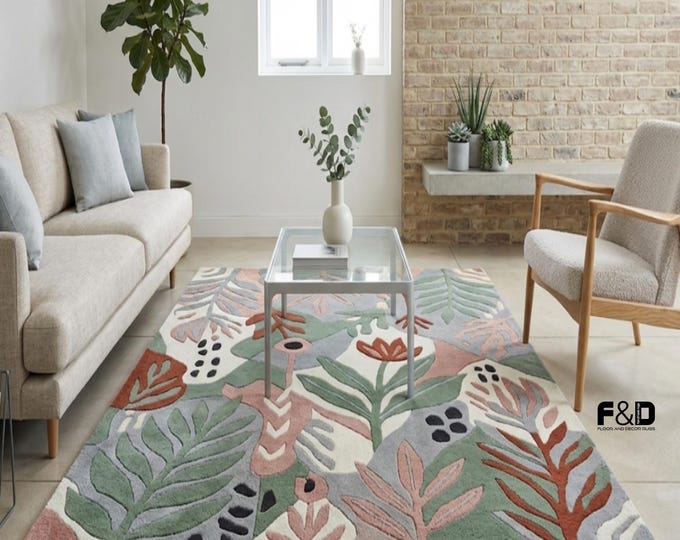 Hand-Tufted Botanical Area Rug | Abstract Floral Deep Texture Rug in Blush Pink, Sage Green & Terracotta | Boho Living Room Rug | Custom Siz