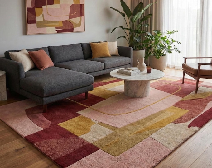 Abstract Geometric Tufted Area Rug | Pink, Burgundy & Mustard Modern Color Block Rug | Mid Century Modern Wool Carpet for Living Room Bedroo