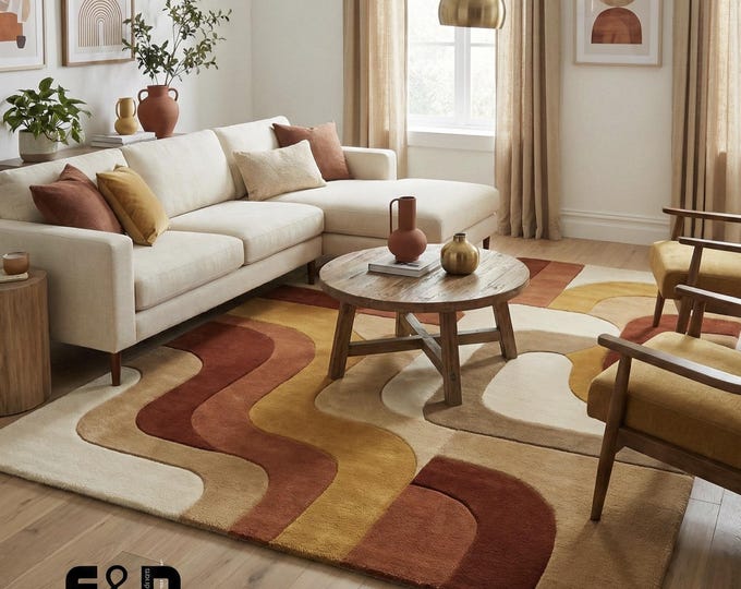 Abstract Retro Wave Wool Rug | Modern Boho Living Room Carpet | Warm Terracotta Mustard Area Rug | Handmade Luxury Floor Decor