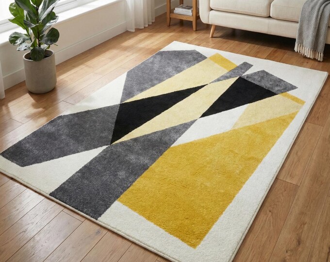 Mid-Century Modern Geometric Area Rug: Bold Abstract Bauhaus Design in Mustard Yellow, Charcoal & Cream – Large Living Room Floor Art Carpet