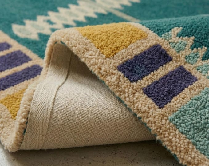 8x10ft Mid Century Modern Geometric Area Rug | Teal & Mustard Retro Wool Carpet | Hand Tufted Deep Texture Artisanal Rug | Custom Living Rug