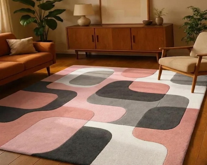 Mid Century Modern Abstract Rug Pink Grey Black Cream | Geometric Living Room Area Rug | Scandinavian Soft Carpet | FLOOR & DECOR RUGS