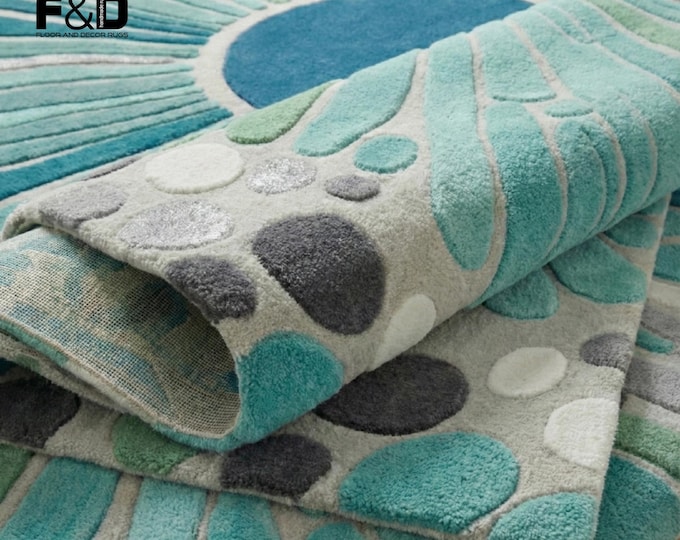 Hand Tufted Abstract Rug, Teal Sunburst Area Rug, Modern Wool Carpet, Turquoise & Grey Living Room Decor, Custom Size Floor Mat, Bedroom Rug