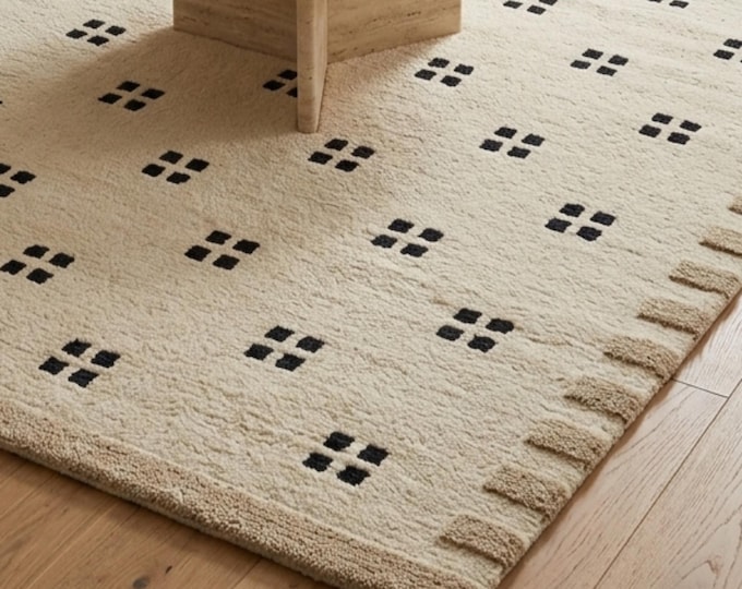 Handmade Moroccan Style Wool Rug | Cream and Black Geometric Area Rug | Plush Boho Berber Carpet for Living Room | Minimalist Custom Size Ru