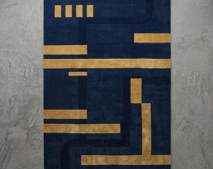 Navy Blue & Mustard Gold Geometric Area Rug | Modern High-Low Pile Tufted Carpet | Bauhaus Minimalist Living Room Decor | Floor Decor Rugs