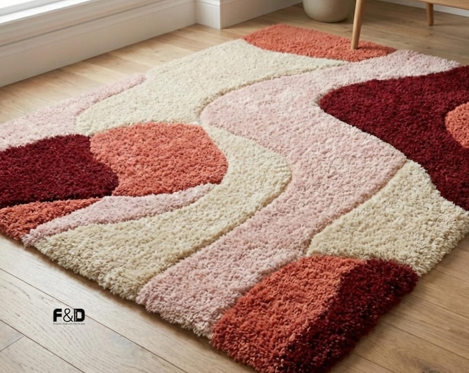 Modern Abstract Wool Rug Pink Red Cream | Soft Plush Shag Area Rug | Geometric Living Room Carpet | Cozy Floor Decor Gift Rug for Bedroom