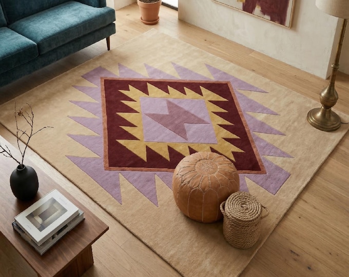 Southwestern Geometric Area Rug | Lavender, Burgundy & Mustard Yellow Aztec Rugs | Mid-Century Modern Boho Desert Decor | Floor Decor Carpet