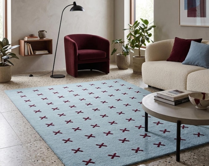 Light Blue Geometric Area Rug with Burgundy X Pattern | Modern Minimalist Tufted Carpet for Living Room & Bedroom | Custom Size Handmade Rug
