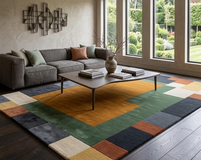 Modern Geometric Area Rug, Mid Century Color Block Carpet, Abstract Bauhaus Large Living Room Rug, Custom Size Wool Floor Decor Rug