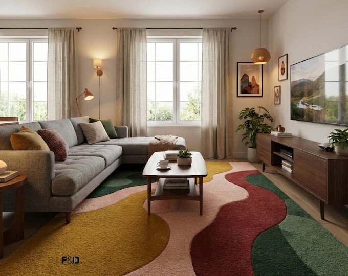 Mid-Century Modern Abstract Wavy Area Rug - Earthy Multi-Color Hand-Tufted Wool Rug for Living Room, Bedroom - Retro 70s Decor, Forest Green