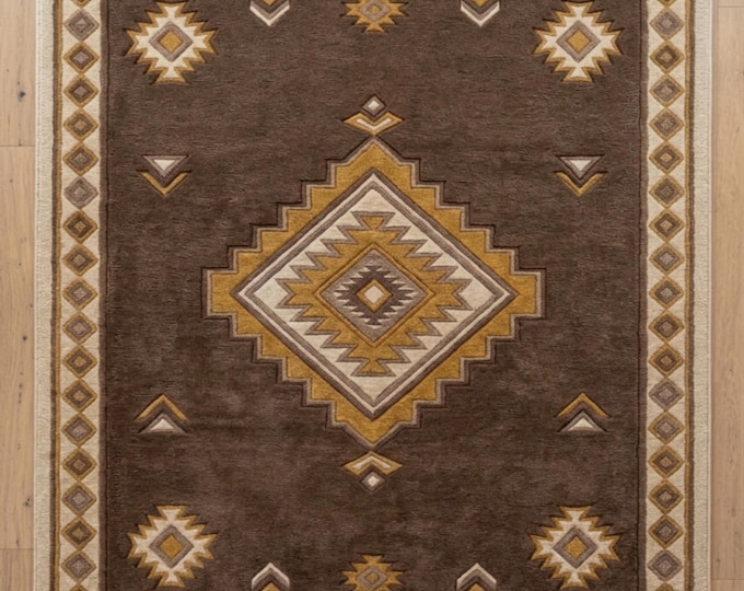 10x14 Brown Southwestern Wool Area Rug | Artisanal Deep Texture Geometric Aztec Carpet | Rustic Cabin Lodge Decor | Boho Tribal Living Room