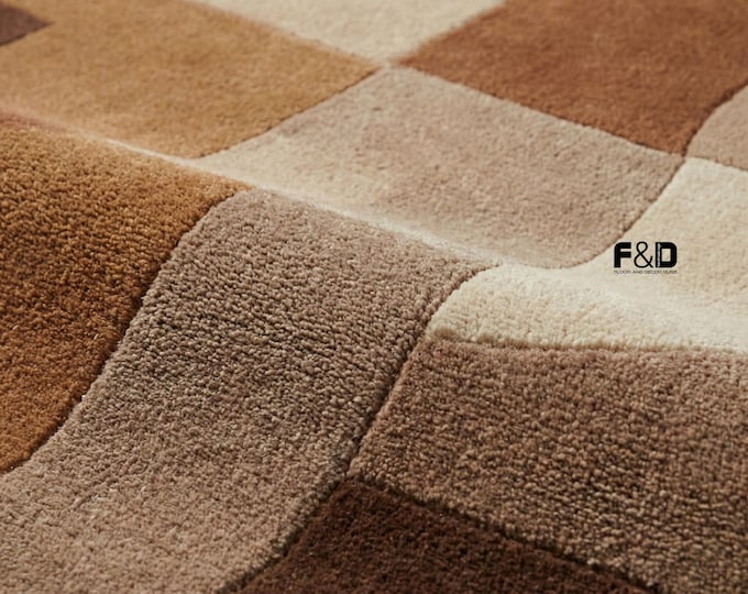 Modern Abstract Geometric Area Rug | Brown Beige Terracotta Patchwork Carpet | Contemporary Living Room Rug | Minimalist Boho Floor Rug