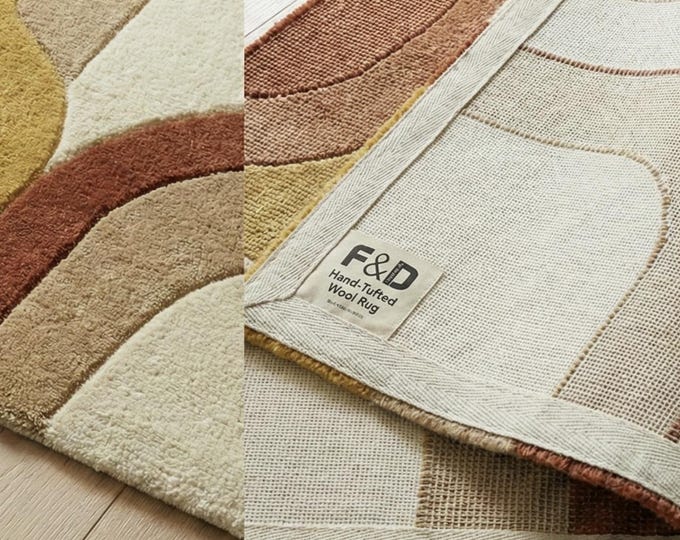 Abstract Retro Wave Wool Rug | Modern Boho Living Room Carpet | Warm Terracotta Mustard Area Rug | Handmade Luxury Floor Decor