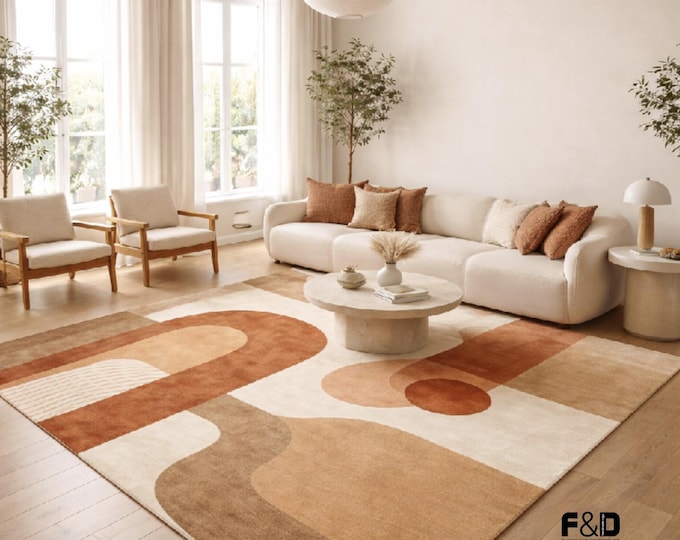 Abstract Geometric Area Rug | Terracotta, Beige & Rust Arch Pattern | Japandi Living Room Decor | Modern Boho Scandi Carpet | Soft Earth