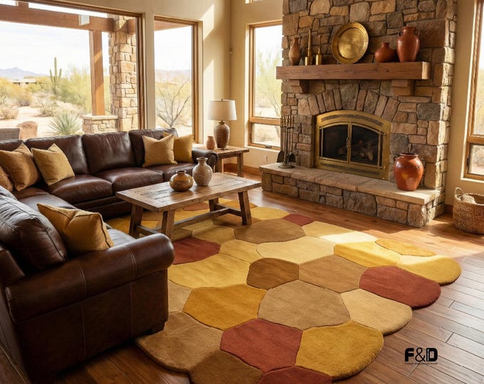 Handmade Abstract Geometric Wool Rug - Modern Irregular Shape Area Rug for Living Room - High-Low Pile Textured Rug, Custom Wavy Organic Rug