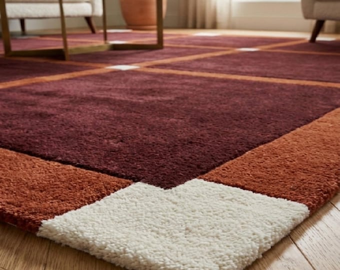Mid Century Modern Geometric Area Rug | Burgundy & Burnt Orange Color Block Rug | Hand Tufted Plush Wool Carpet | Custom Retro Living Room