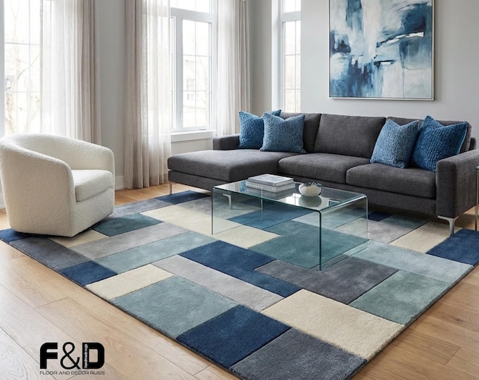 Geometric Color Block Rug | Blue, Grey, & Cream Abstract Area Rug | Modern Living Room Carpet | Soft Plush Pile, Large Statement Piece