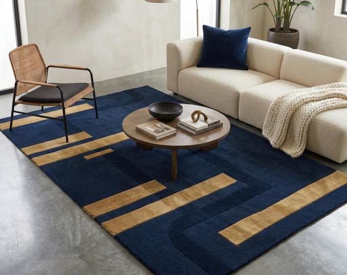 Navy Blue & Mustard Gold Geometric Area Rug | Modern High-Low Pile Tufted Carpet | Bauhaus Minimalist Living Room Decor | Floor Decor Rugs