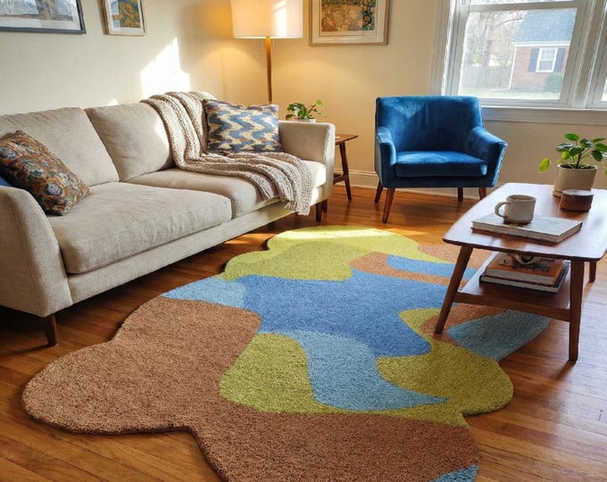 Abstract Irregular Shaped Rug | Mid Century Modern Retro 70s Wavy Area Rug | Funky Colorful Tufted Floor Mat for Living Room | Puddle Rug