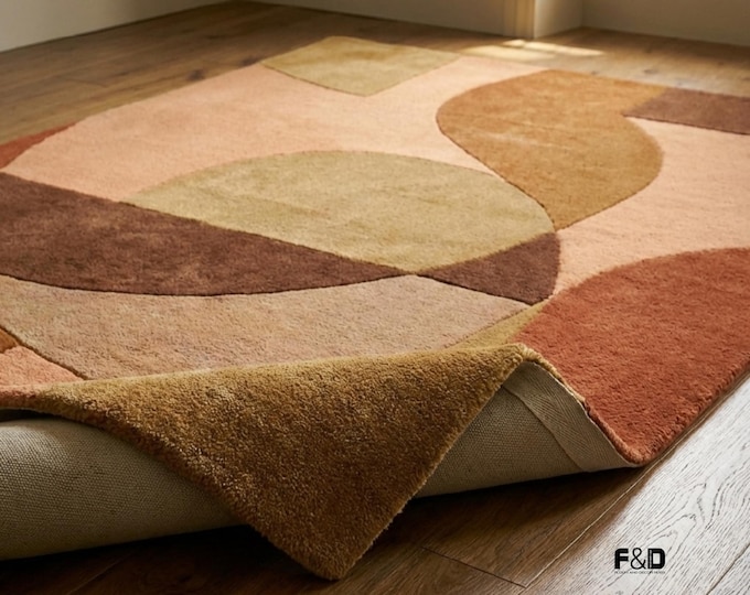 Mid Century Modern Abstract Hand-Tufted Wool Rug | Earth Tone Geometric Area Rug for Living Room, Bedroom | Large Hand Tufted Carpet