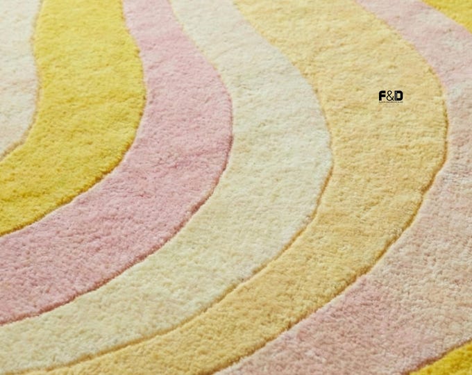 Hand Tufted Wool Rug, Retro Wavy Swirl Area Rug, Pink & Mustard Yellow Funky 70s Decor, Pastel Scandi Living Room Carpet, Custom Size Rug