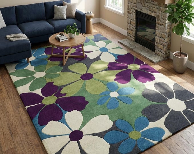 Hand Tufted Floral Rug, Colorful Wildflower Area Rug, Modern Wool Carpet, Green Blue Purple Botanical Living Room Decor, Custom Size Rug