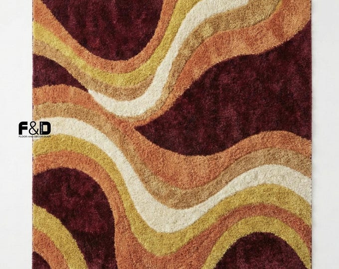 Modern Abstract Area Rug | Retro Wavy Pattern Rug in Maroon Rust Mustard | Soft Shag Living Room Rug | Contemporary Boho Home Decor