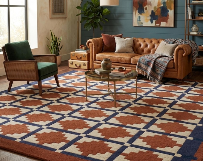 Southwestern Geometric Rug | Rust & Navy Blue Area Rug | Hand-Tufted Wool Carpet | Tribal Boho Living Room Decor | Navajo Style Floor Mat