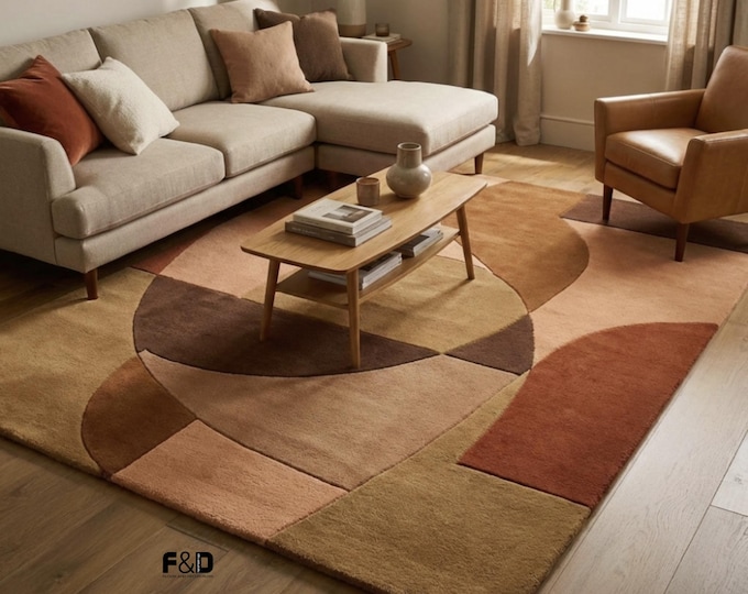 Mid Century Modern Abstract Hand-Tufted Wool Rug | Earth Tone Geometric Area Rug for Living Room, Bedroom | Large Hand Tufted Carpet