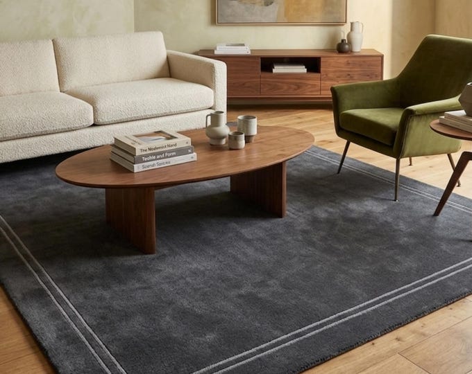 Hand-Tufted Wool Rug Charcoal Grey with Modern Double Border • Dark Grey Dense Pile Rug for Living Room Bedroom Nursery • Minimalist Plush