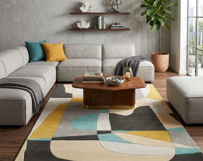 Mid Century Modern Abstract Area Rug | Teal, Mustard Yellow, and Grey Geometric Tufted Rug | Contemporary Living Room Bedroom Wool Rug | F&D